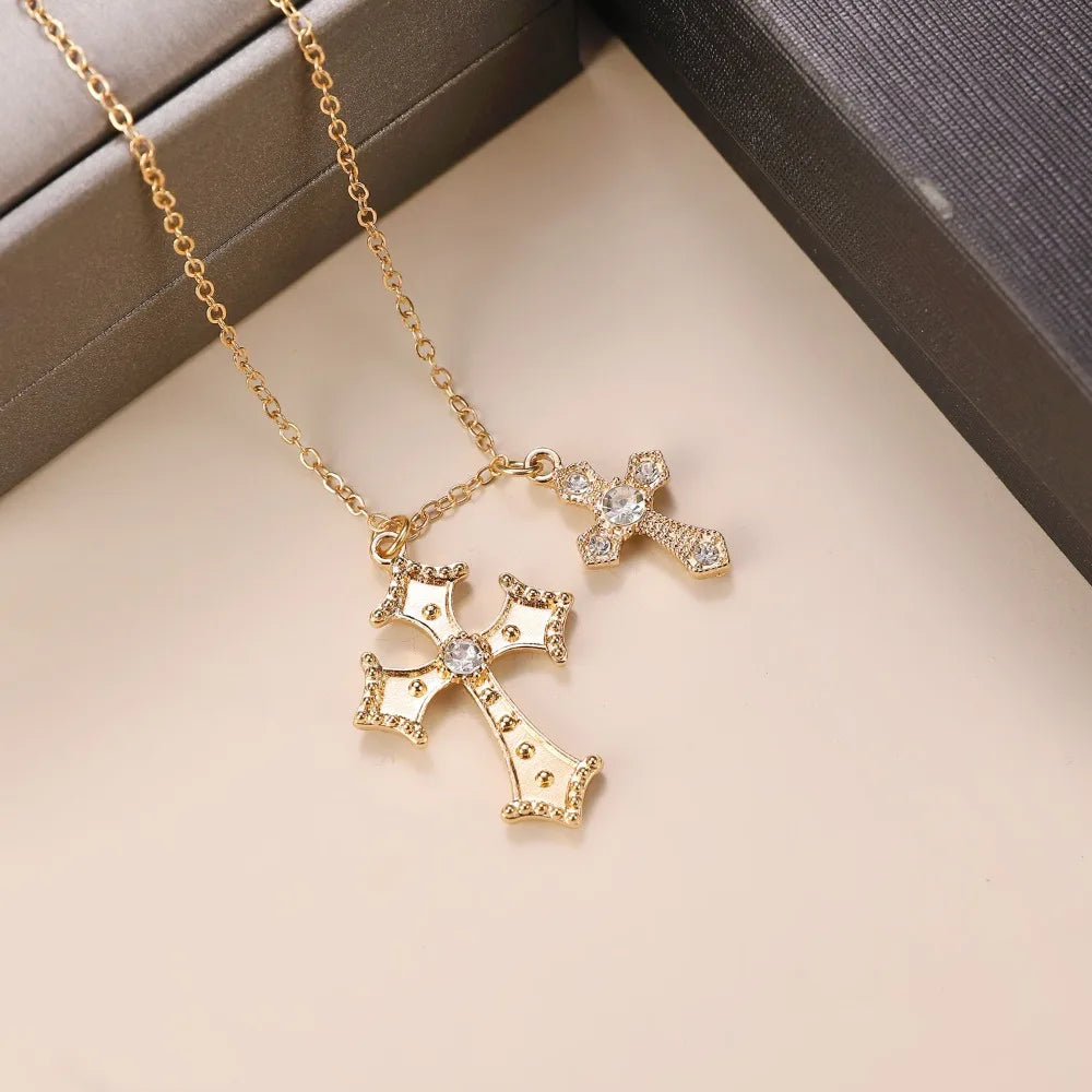 Fashion Double Cross Necklace for Women Collarbone Chain Luxury Zirconia Cross Pendant Necklace Couple Jewelry Halloween Choker