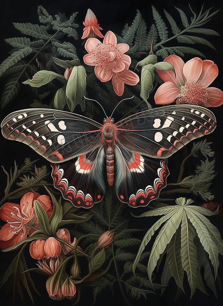 Floral Dark Academia Woodland Blue Moth Black Butterfly Poster Canvas Painting Botanical Wall Art Pictures Halloween Home Decor