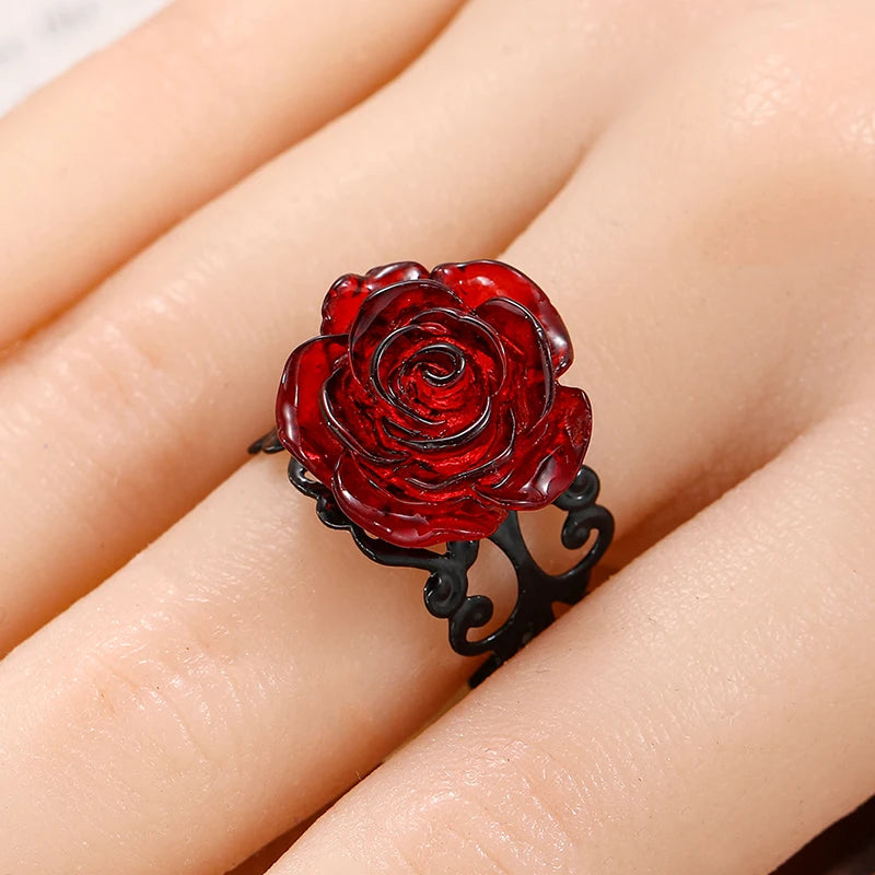 Vintage Gothic Red Rose Ring Adjustable Hollow Rings for Women Witch Pagan Punk Creative Halloween Cool Girl Gift Party Jewelry