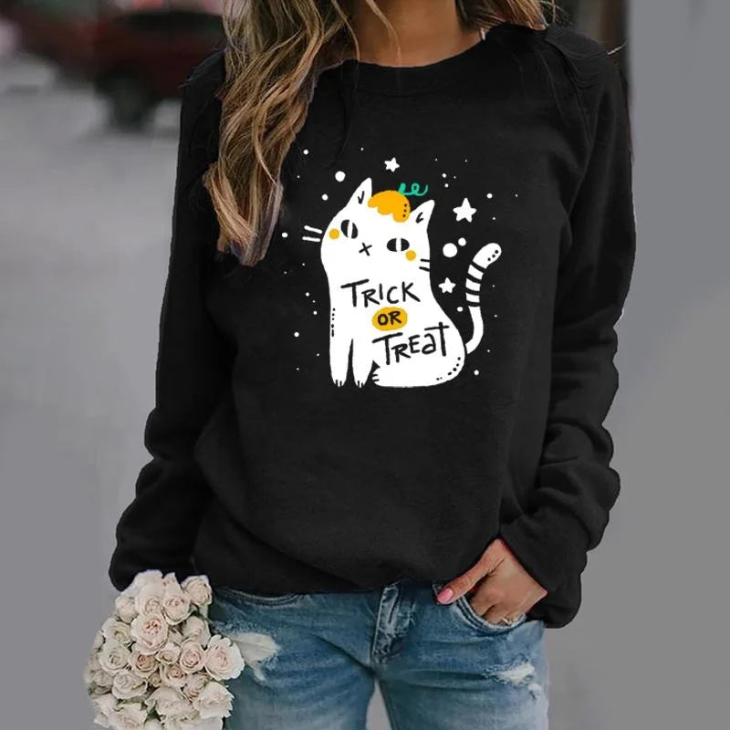 New fashion Halloween cat trick-or-treating printed pullover creative personality sweater loose casual women's clothing