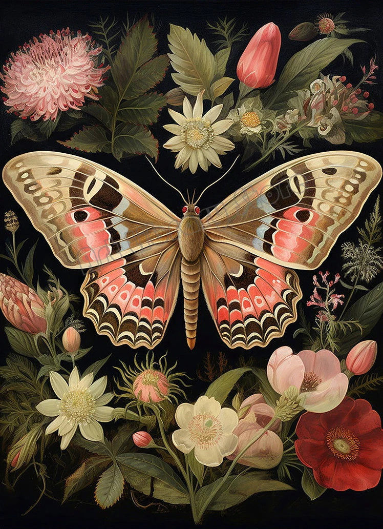 Floral Dark Academia Woodland Blue Moth Black Butterfly Poster Canvas Painting Botanical Wall Art Pictures Halloween Home Decor