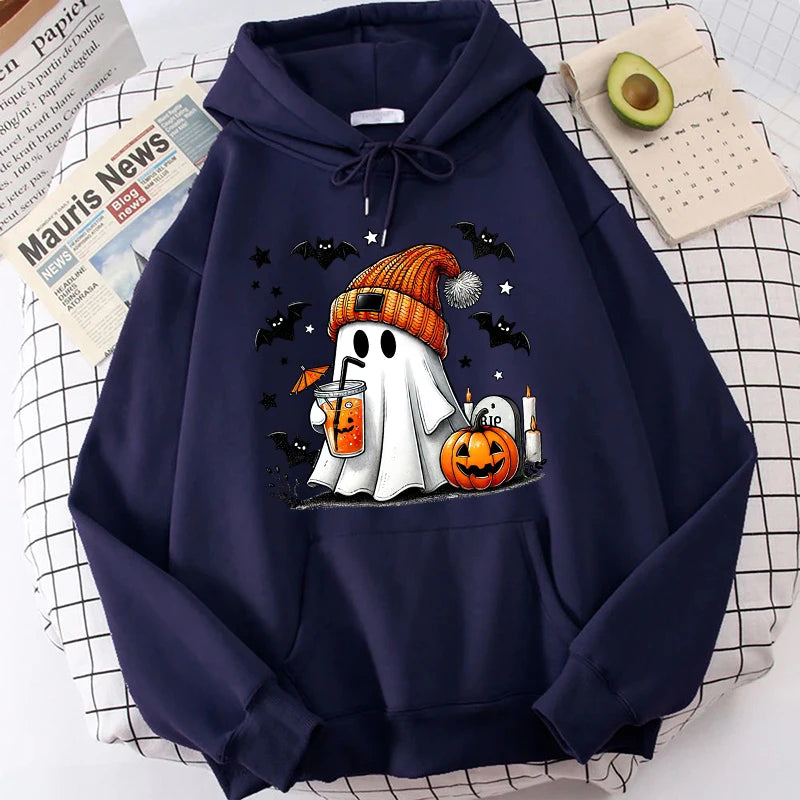 Halloween Ghost Pumpkin Bat Hoodies For Women Fashion Hooded Pullover Teens Casual Long Sleeves Halloween Sweatshirts