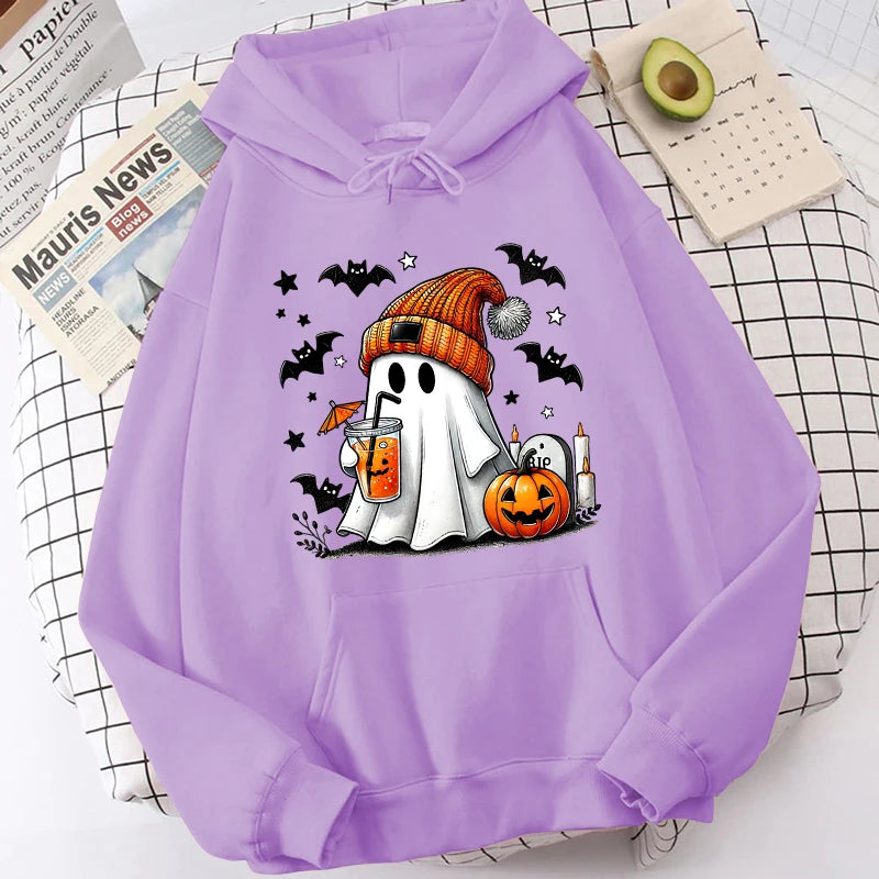 Halloween Ghost Pumpkin Bat Hoodies For Women Fashion Hooded Pullover Teens Casual Long Sleeves Halloween Sweatshirts