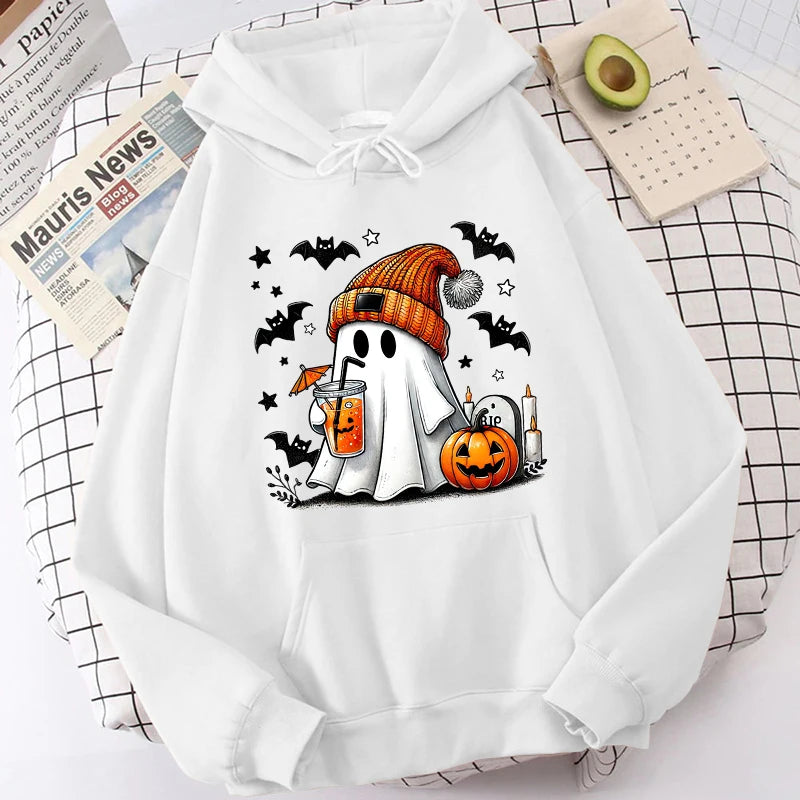 Halloween Ghost Pumpkin Bat Hoodies For Women Fashion Hooded Pullover Teens Casual Long Sleeves Halloween Sweatshirts