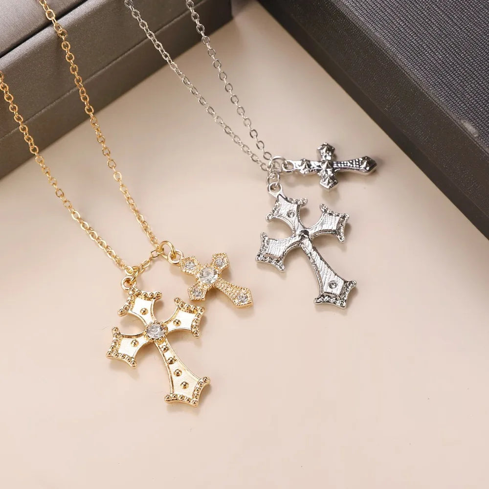 Fashion Double Cross Necklace for Women Collarbone Chain Luxury Zirconia Cross Pendant Necklace Couple Jewelry Halloween Choker