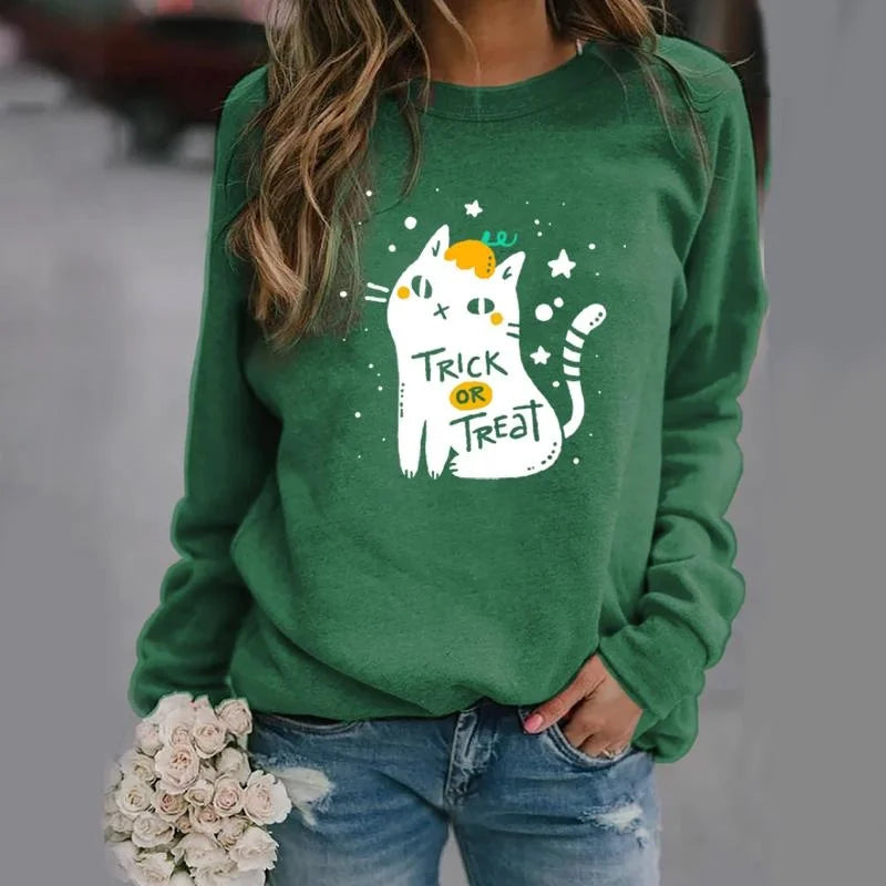 New fashion Halloween cat trick-or-treating printed pullover creative personality sweater loose casual women's clothing