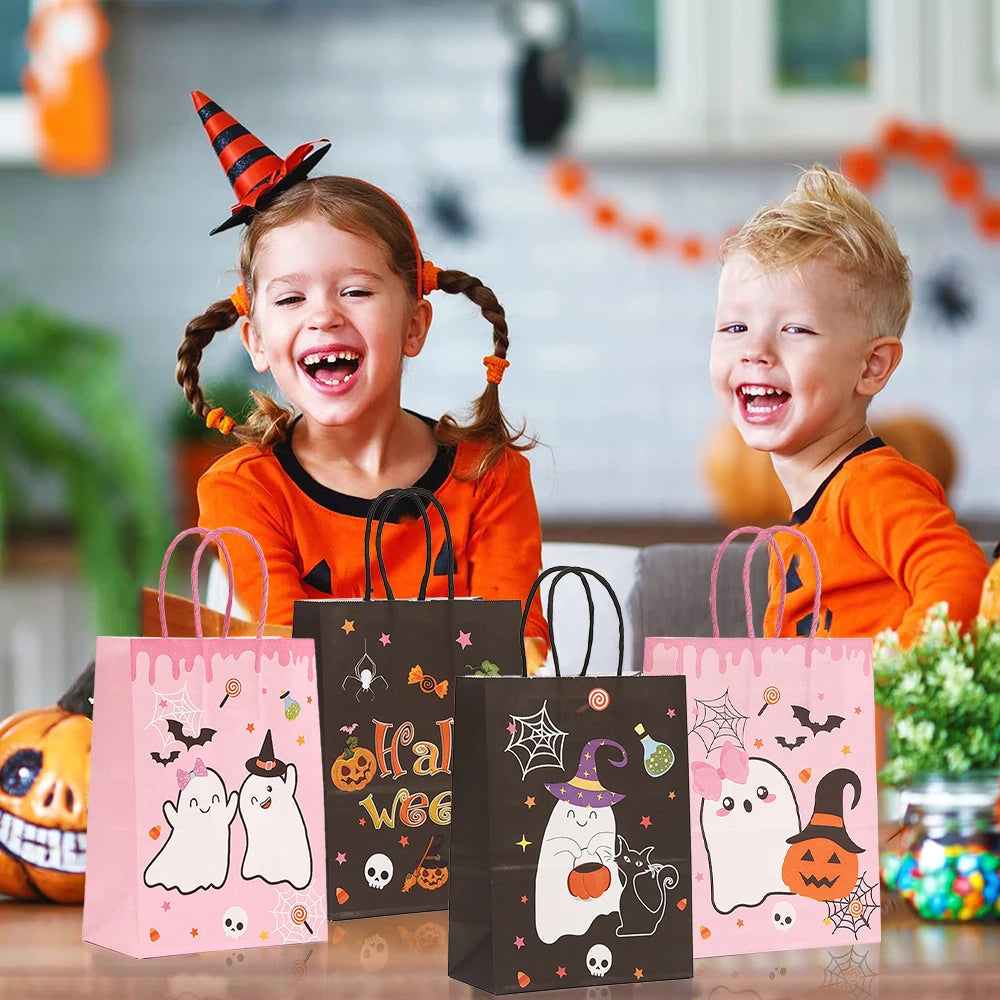 6PCS Halloween Pumpkin Black Pink Candy Gift Bags Trick or Treat Candy Bags with Handles Halloween Party Favor Supplies