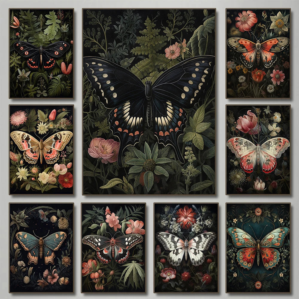 Floral Dark Academia Woodland Blue Moth Black Butterfly Poster Canvas Painting Botanical Wall Art Pictures Halloween Home Decor