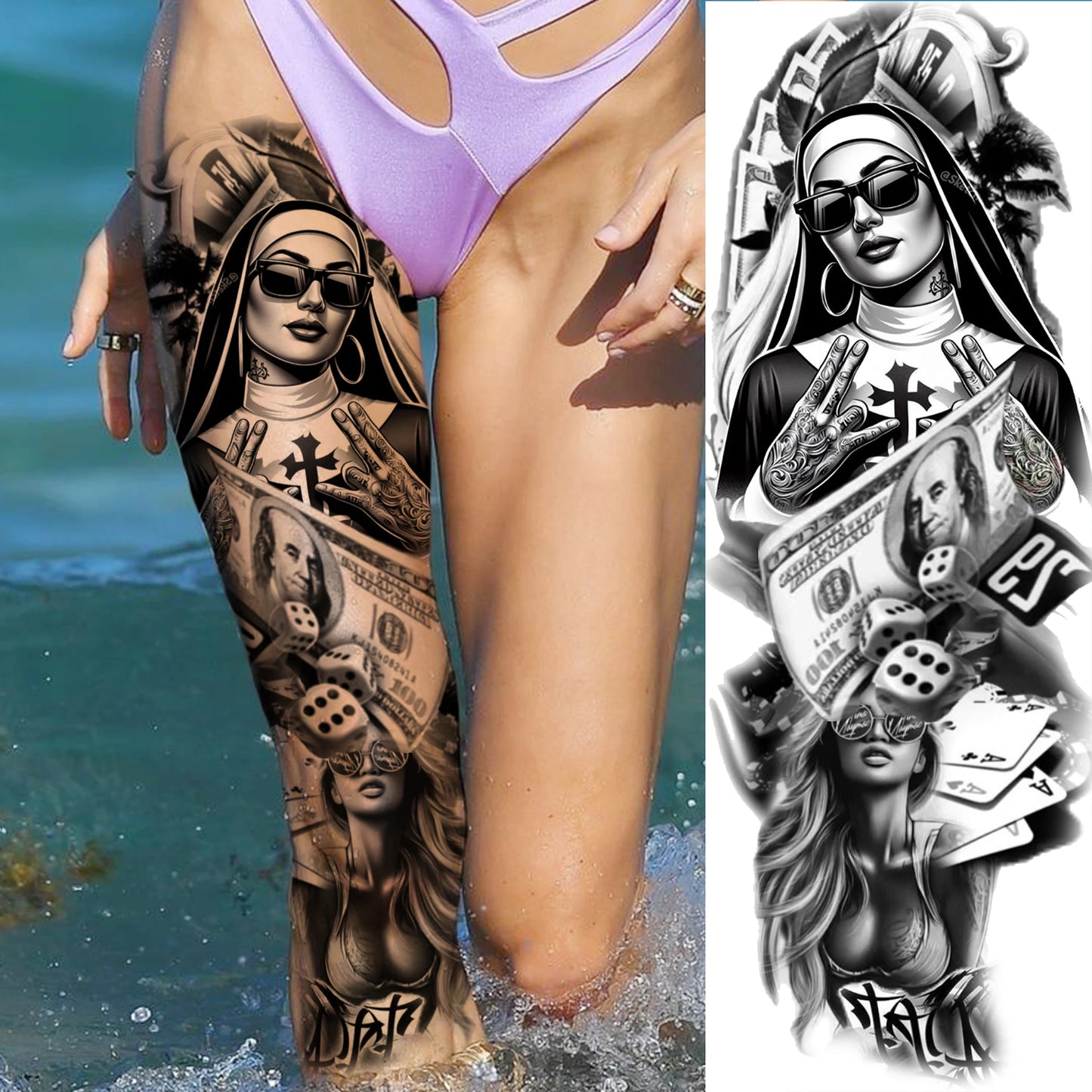 1 Sheet Full Arm Evil Witch Vampire Temporary Tattoos Sleeve Halloween Scary Skull Tatoo Waterproof Horrible Fake Tattoo Sticker