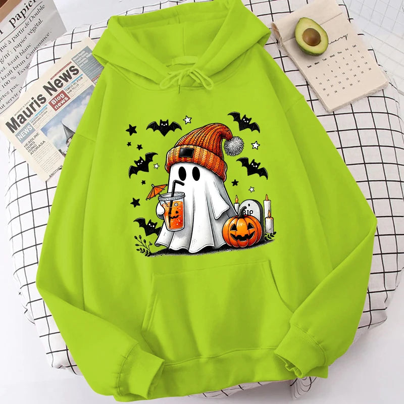 Halloween Ghost Pumpkin Bat Hoodies For Women Fashion Hooded Pullover Teens Casual Long Sleeves Halloween Sweatshirts