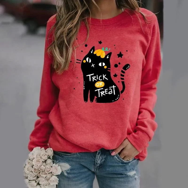 New fashion Halloween cat trick-or-treating printed pullover creative personality sweater loose casual women's clothing