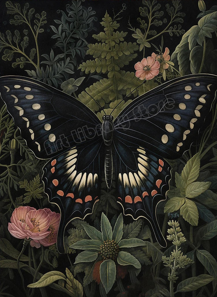 Floral Dark Academia Woodland Blue Moth Black Butterfly Poster Canvas Painting Botanical Wall Art Pictures Halloween Home Decor