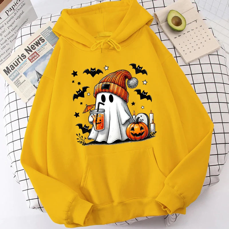 Halloween Ghost Pumpkin Bat Hoodies For Women Fashion Hooded Pullover Teens Casual Long Sleeves Halloween Sweatshirts