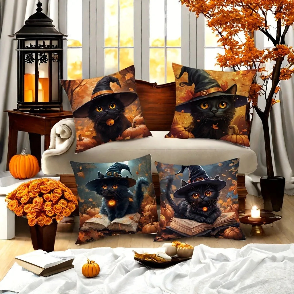 Spooky Halloween Witch Cat Pillowcases: Cozy Decor for Your Haunted Home Sofa cushion cover holiday party decoration gift