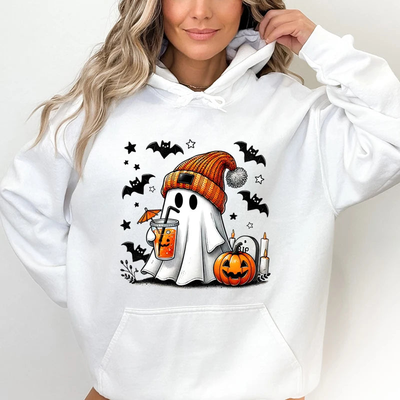 Halloween Ghost Pumpkin Bat Hoodies For Women Fashion Hooded Pullover Teens Casual Long Sleeves Halloween Sweatshirts