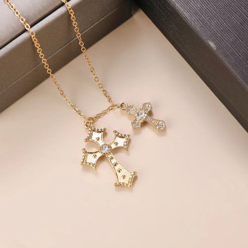 Fashion Double Cross Necklace for Women Collarbone Chain Luxury Zirconia Cross Pendant Necklace Couple Jewelry Halloween Choker