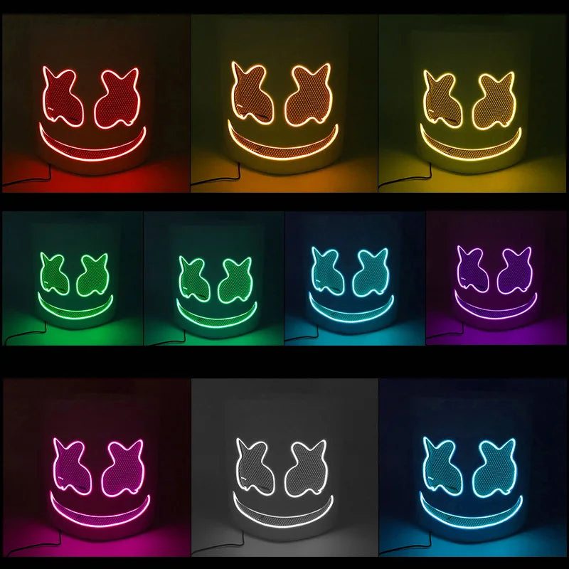 Halloween Light Up Neon Full Face Mask Luminous LED DJ Marshmellow Mask Headgear Cosplay Music Festival Party Props Glowing Mask