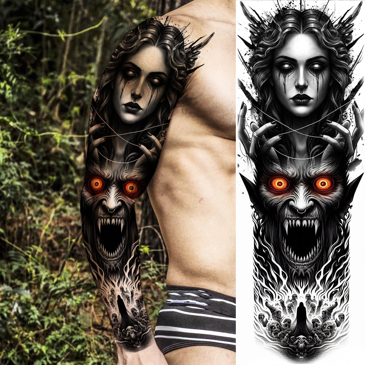 1 Sheet Full Arm Evil Witch Vampire Temporary Tattoos Sleeve Halloween Scary Skull Tatoo Waterproof Horrible Fake Tattoo Sticker
