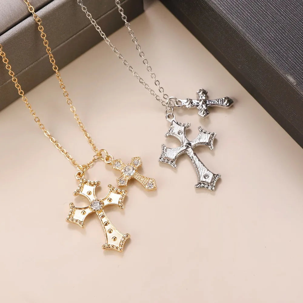 Fashion Double Cross Necklace for Women Collarbone Chain Luxury Zirconia Cross Pendant Necklace Couple Jewelry Halloween Choker