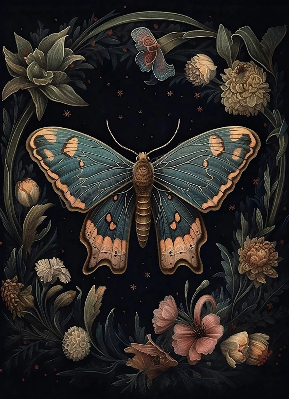 Floral Dark Academia Woodland Blue Moth Black Butterfly Poster Canvas Painting Botanical Wall Art Pictures Halloween Home Decor