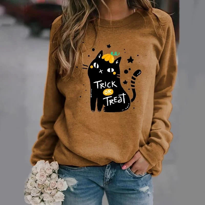 New fashion Halloween cat trick-or-treating printed pullover creative personality sweater loose casual women's clothing