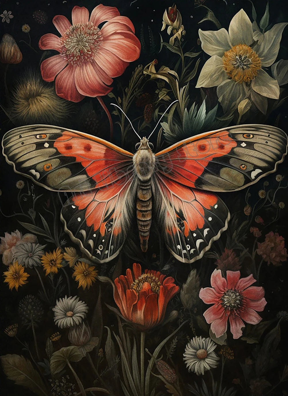 Floral Dark Academia Woodland Blue Moth Black Butterfly Poster Canvas Painting Botanical Wall Art Pictures Halloween Home Decor