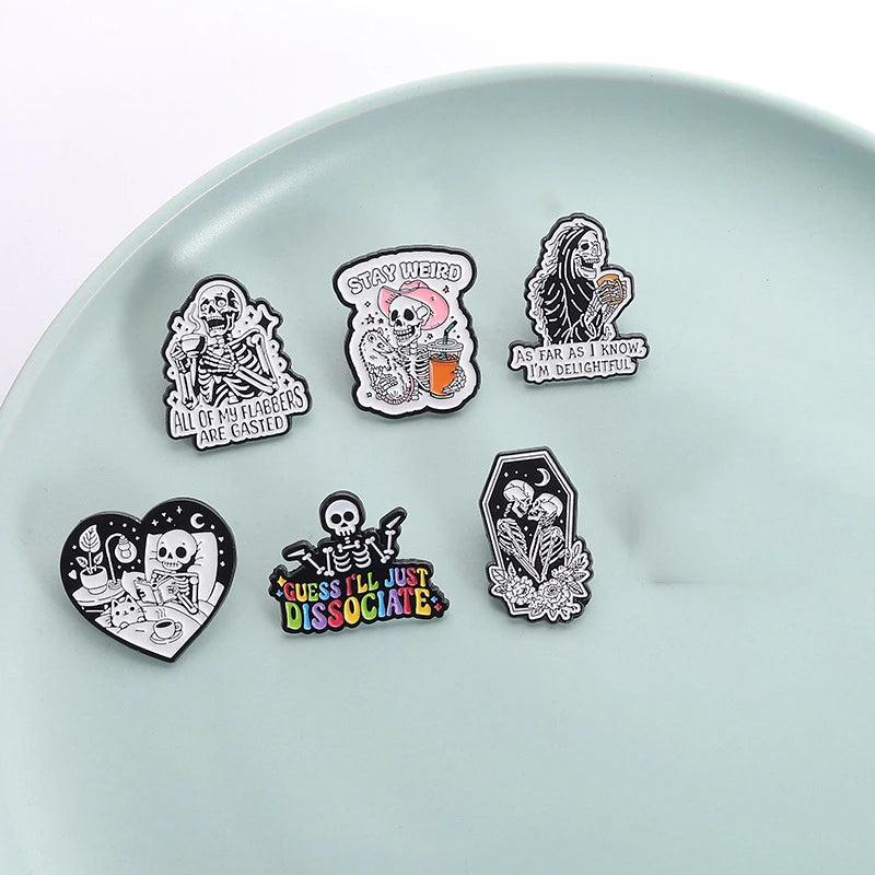 Halloween Skull Ghost Enamel Pins Stay Weird Letters Brooch Cartoon Cloak Black Cat Bone Coffin Sickle Lapel Badges Jewelry Gift