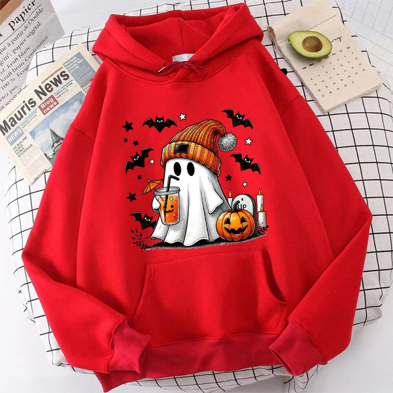 Halloween Ghost Pumpkin Bat Hoodies For Women Fashion Hooded Pullover Teens Casual Long Sleeves Halloween Sweatshirts