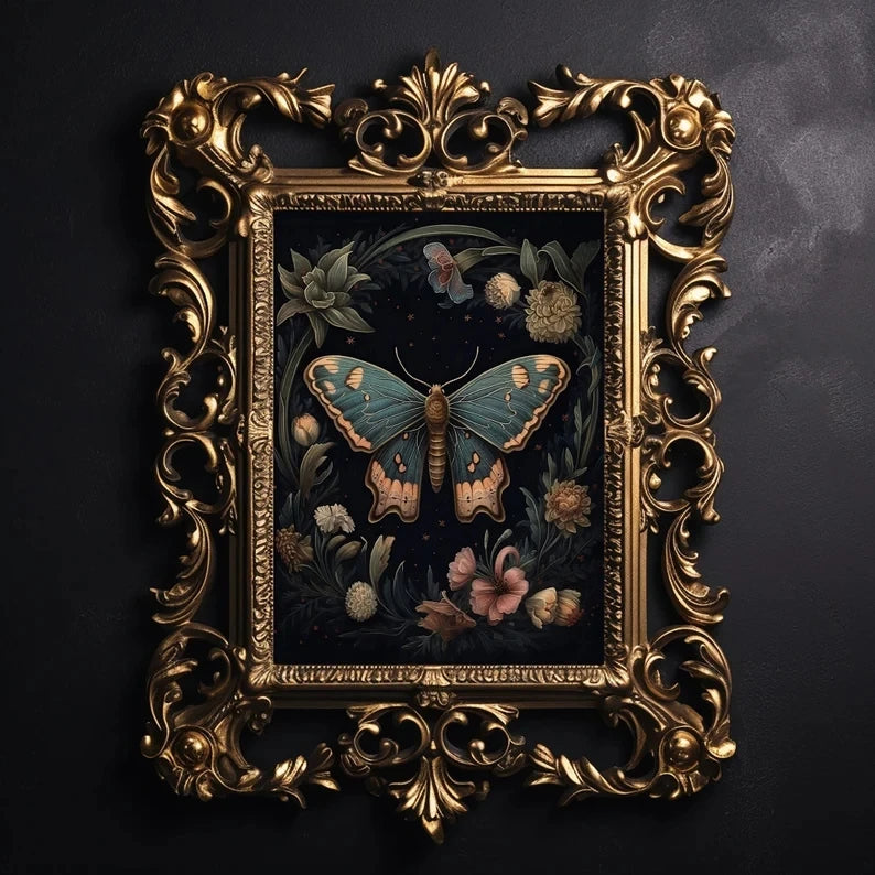 Floral Dark Academia Woodland Blue Moth Black Butterfly Poster Canvas Painting Botanical Wall Art Pictures Halloween Home Decor