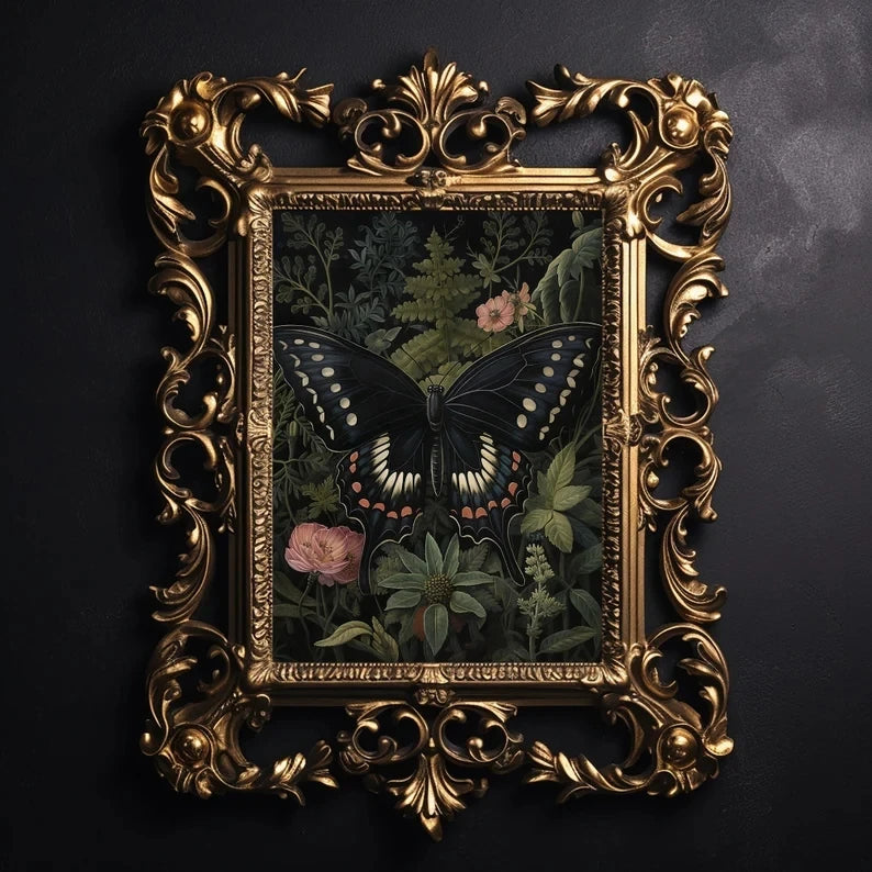Floral Dark Academia Woodland Blue Moth Black Butterfly Poster Canvas Painting Botanical Wall Art Pictures Halloween Home Decor