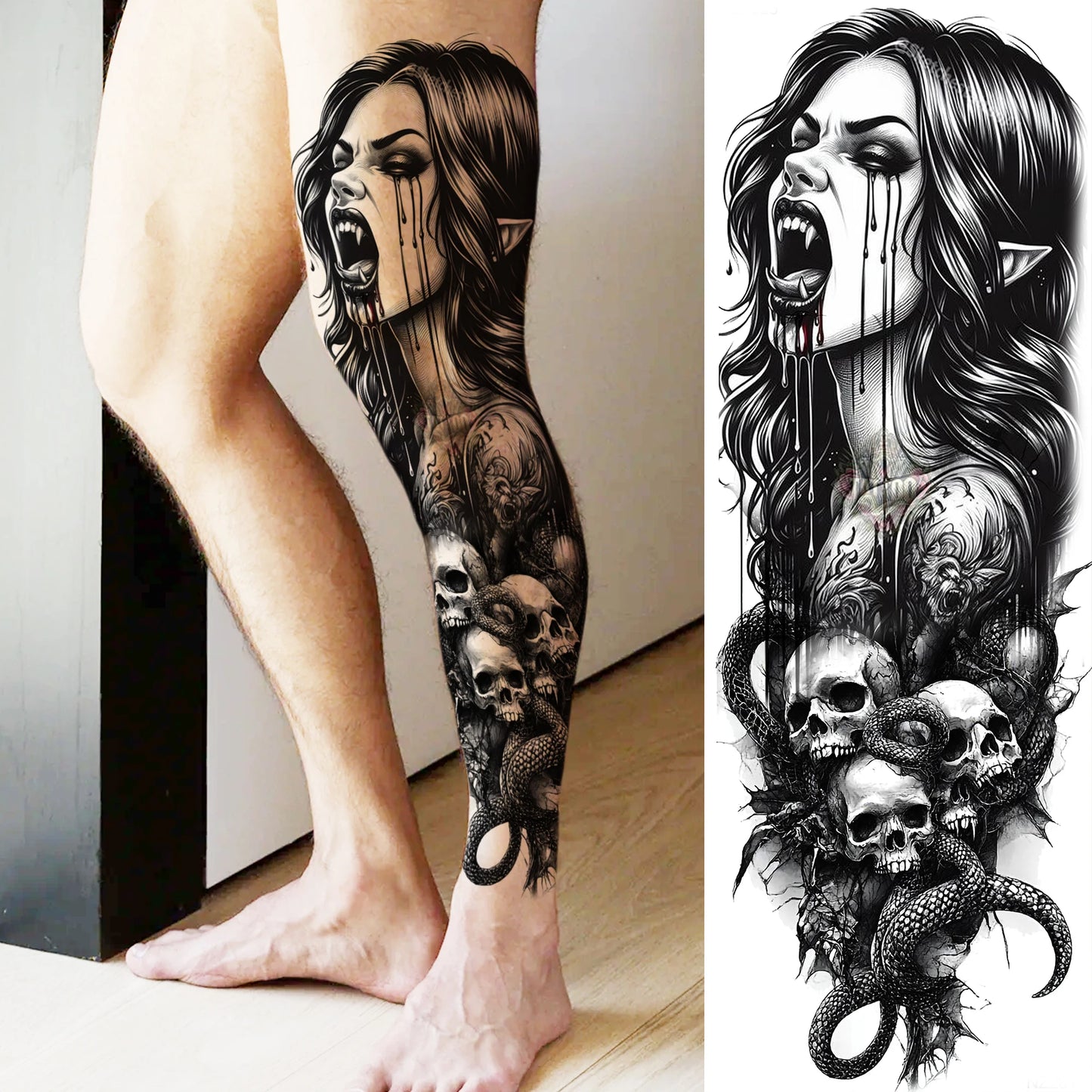1 Sheet Full Arm Evil Witch Vampire Temporary Tattoos Sleeve Halloween Scary Skull Tatoo Waterproof Horrible Fake Tattoo Sticker