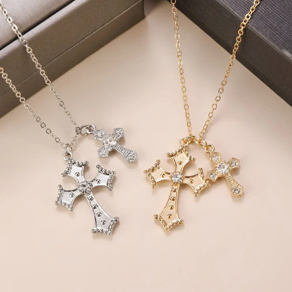 Fashion Double Cross Necklace for Women Collarbone Chain Luxury Zirconia Cross Pendant Necklace Couple Jewelry Halloween Choker