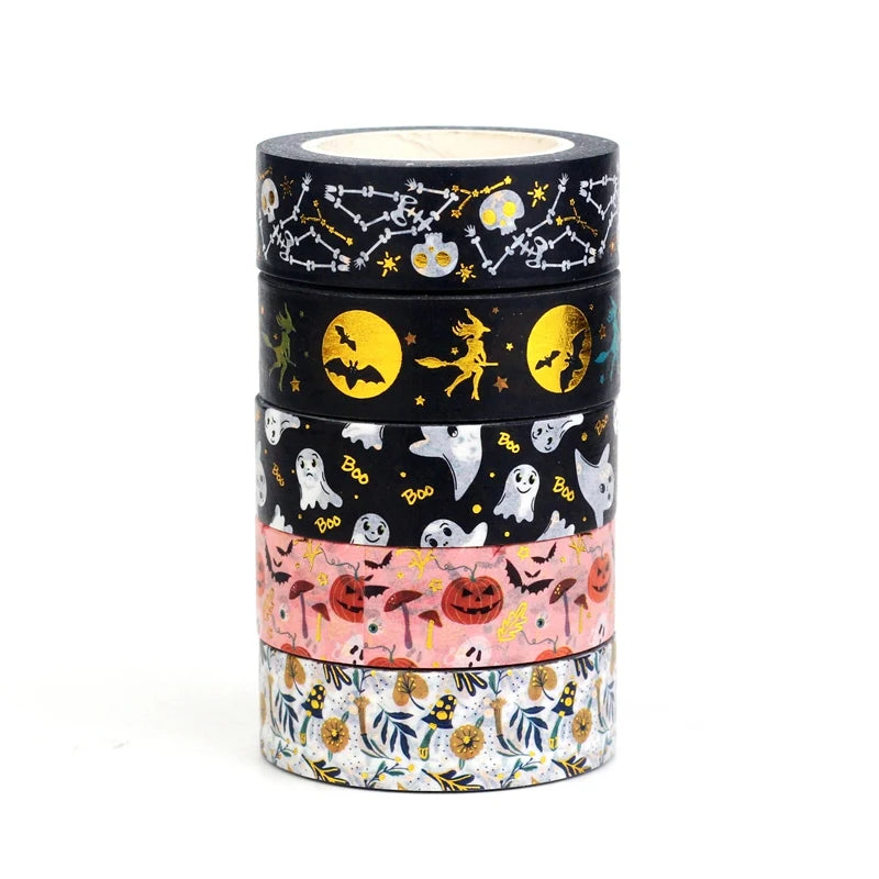 NEW 1PC 10M Deco Mushrooms Leaves Pumpkin Ghost Moon Gold Foil Halloween Washi Tape Set for Planner Masking Tape Cute Stationery