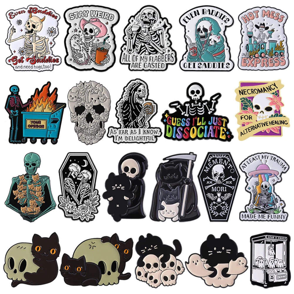 Halloween Skull Ghost Enamel Pins Stay Weird Letters Brooch Cartoon Cloak Black Cat Bone Coffin Sickle Lapel Badges Jewelry Gift