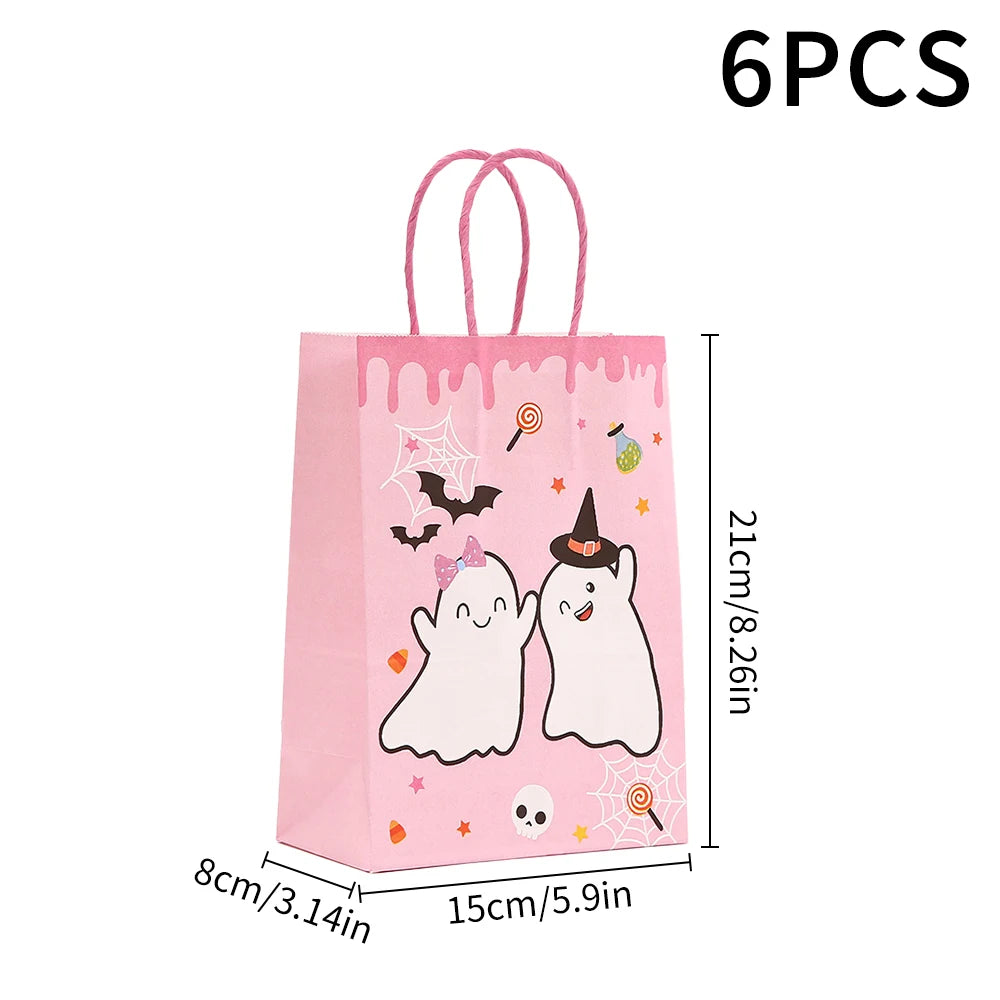 6PCS Halloween Pumpkin Black Pink Candy Gift Bags Trick or Treat Candy Bags with Handles Halloween Party Favor Supplies