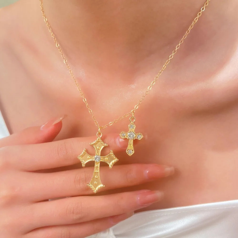 Fashion Double Cross Necklace for Women Collarbone Chain Luxury Zirconia Cross Pendant Necklace Couple Jewelry Halloween Choker