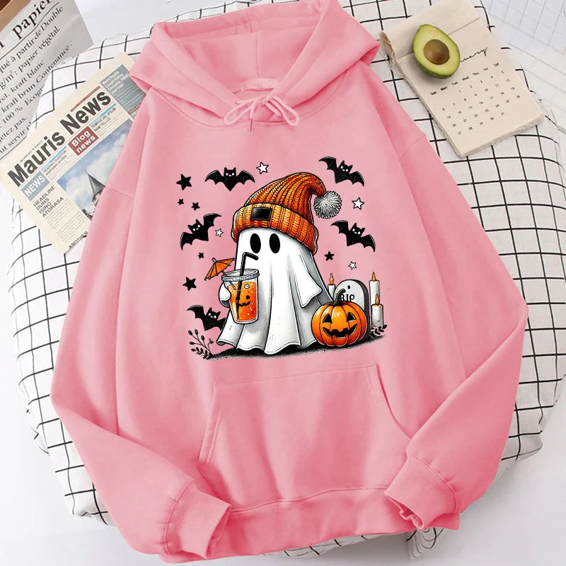 Halloween Ghost Pumpkin Bat Hoodies For Women Fashion Hooded Pullover Teens Casual Long Sleeves Halloween Sweatshirts