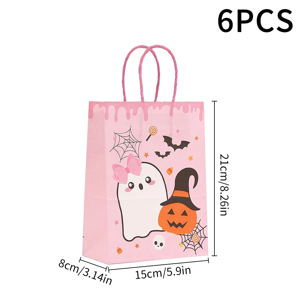 6PCS Halloween Pumpkin Black Pink Candy Gift Bags Trick or Treat Candy Bags with Handles Halloween Party Favor Supplies