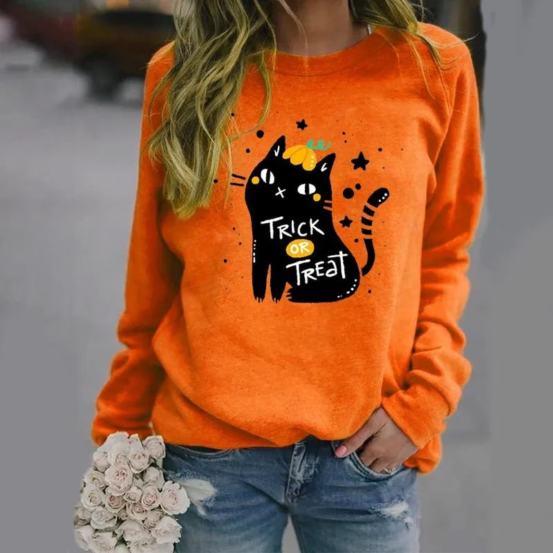 New fashion Halloween cat trick-or-treating printed pullover creative personality sweater loose casual women's clothing