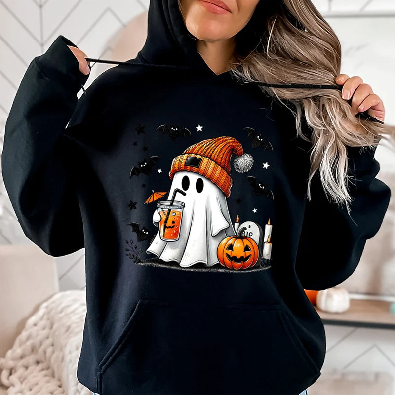 Halloween Ghost Pumpkin Bat Hoodies For Women Fashion Hooded Pullover Teens Casual Long Sleeves Halloween Sweatshirts
