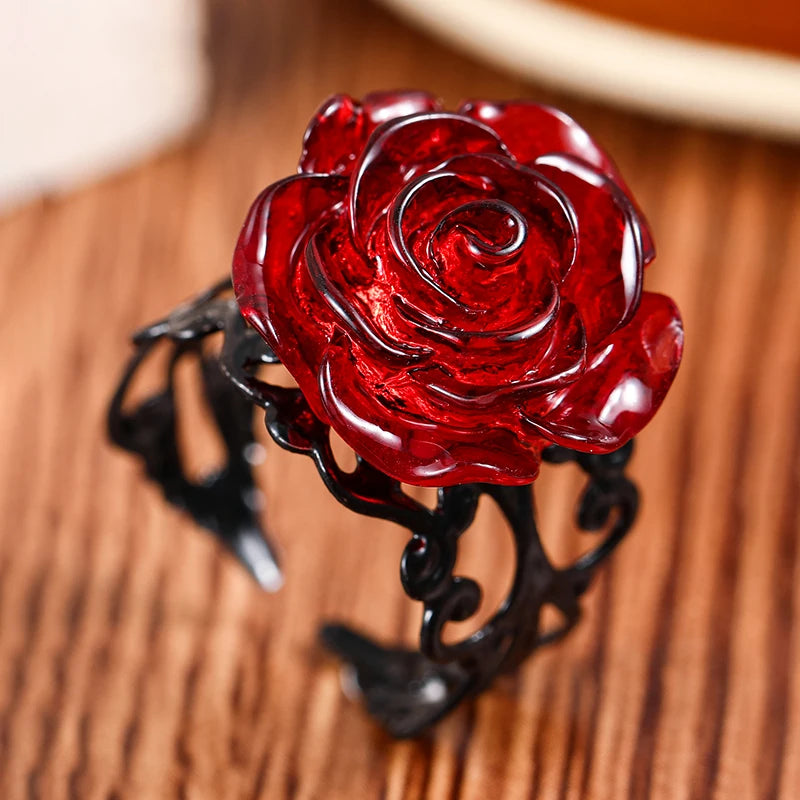 Vintage Gothic Red Rose Ring Adjustable Hollow Rings for Women Witch Pagan Punk Creative Halloween Cool Girl Gift Party Jewelry