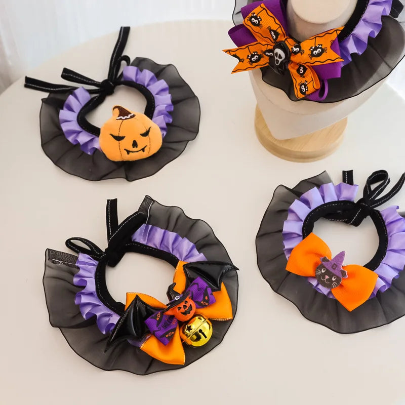 New Dog Necklace Halloween Pet Collar Cat Dog Drool Towel Lace Pumpkin Bat Wings Bow Cat Necklace Photo Prop