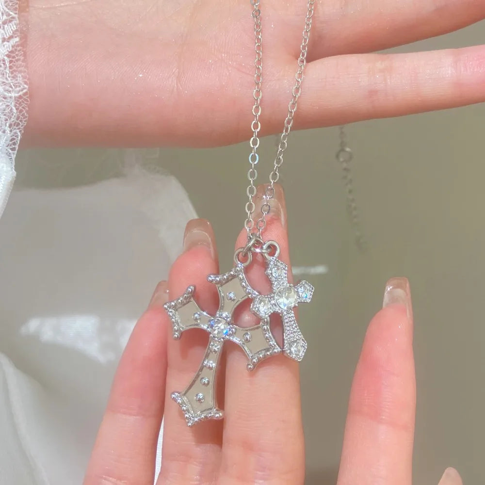 Fashion Double Cross Necklace for Women Collarbone Chain Luxury Zirconia Cross Pendant Necklace Couple Jewelry Halloween Choker