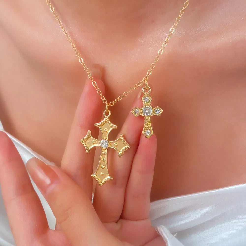Fashion Double Cross Necklace for Women Collarbone Chain Luxury Zirconia Cross Pendant Necklace Couple Jewelry Halloween Choker