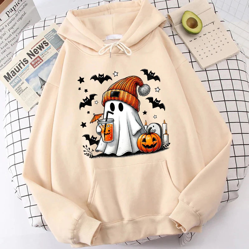 Halloween Ghost Pumpkin Bat Hoodies For Women Fashion Hooded Pullover Teens Casual Long Sleeves Halloween Sweatshirts