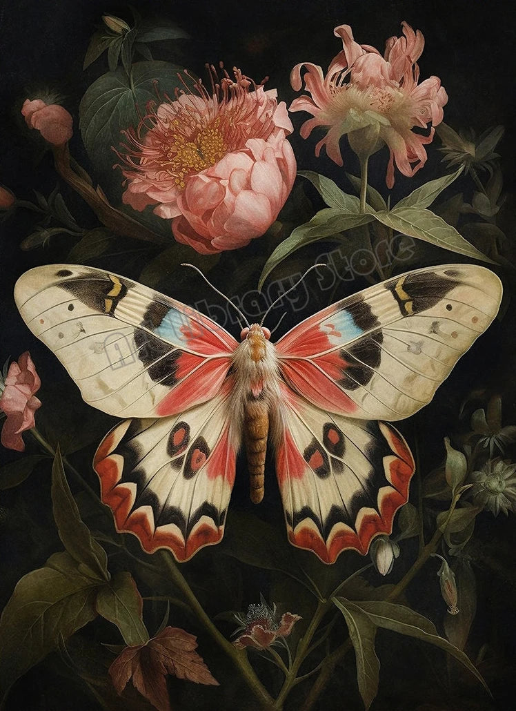 Floral Dark Academia Woodland Blue Moth Black Butterfly Poster Canvas Painting Botanical Wall Art Pictures Halloween Home Decor