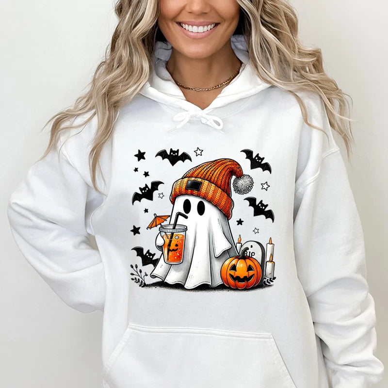 Halloween Ghost Pumpkin Bat Hoodies For Women Fashion Hooded Pullover Teens Casual Long Sleeves Halloween Sweatshirts