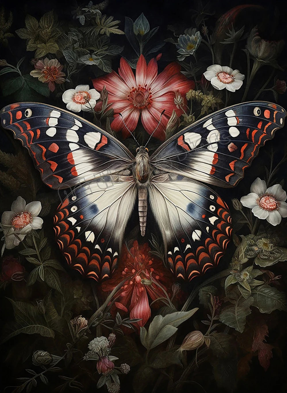 Floral Dark Academia Woodland Blue Moth Black Butterfly Poster Canvas Painting Botanical Wall Art Pictures Halloween Home Decor