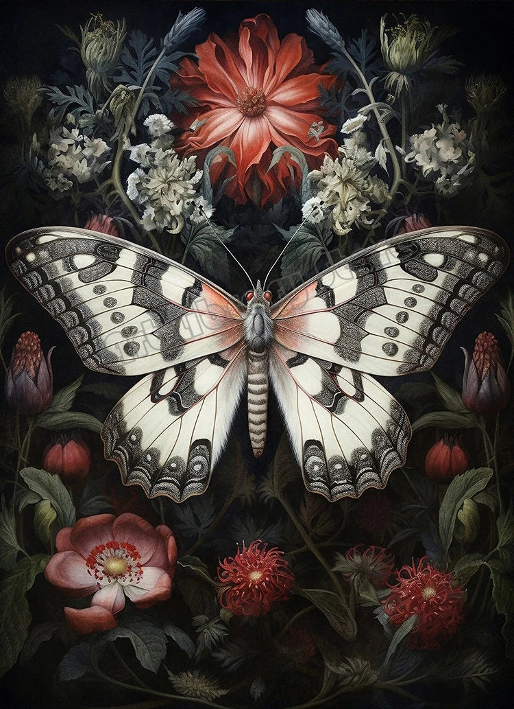 Floral Dark Academia Woodland Blue Moth Black Butterfly Poster Canvas Painting Botanical Wall Art Pictures Halloween Home Decor