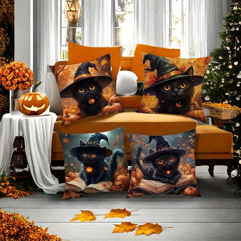 Spooky Halloween Witch Cat Pillowcases: Cozy Decor for Your Haunted Home Sofa cushion cover holiday party decoration gift